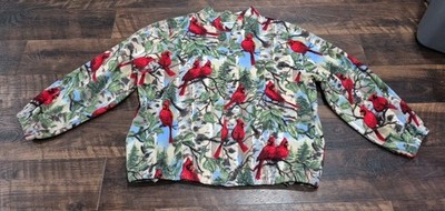 Vintage Bon Worth Cardinal Fleece Womens XLP  Full Zip Red Bird Print Jacket