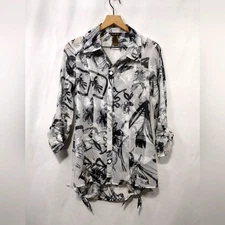 Multiples Floral Sheer Button Shirt Women's S White Black Artsy Retro 90s Y2K
