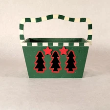 Christmas Tree Basket Storage Bin With Handle 8.5" X 6" X 5" Decoration Box Wood