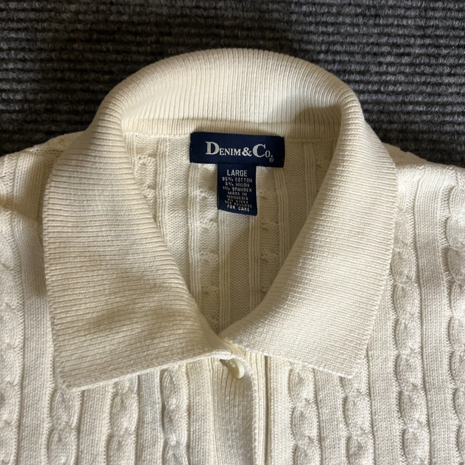 WOMENS DENIM & CO. WHITE IVORY CABLE KNIT COLLARED CARDIGAN SWEATER L  - Image 2 of 4