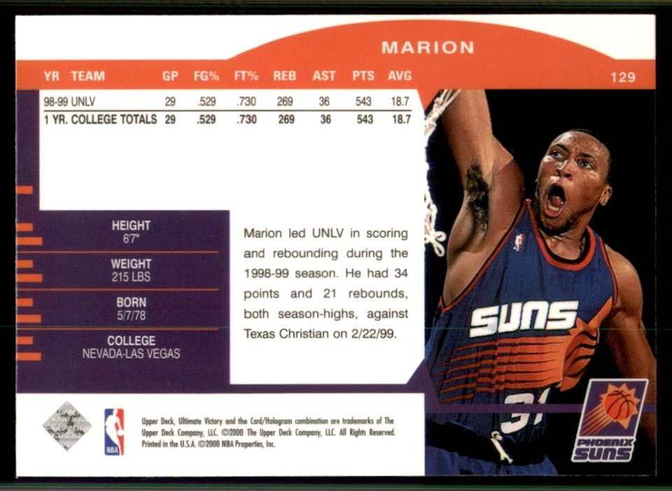 1999-00 Ultimate Victory #129 Shawn Marion RC Rookie Phoenix Suns - Image 2 of 2