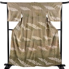 Japanese Silk Houmongi Kimono M 159cm Light brown Phoenix Floral arabesque 23754