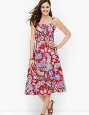 Talbots Dress Size 8 Red Paisley Sleeveless Fit & Flare Midi 100% Cotton Lined
