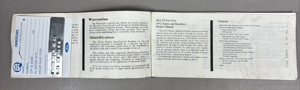 Ford Torino Ranchero 1972 manual del propietario con tarjeta de identificación de garantía en blanco original OEM Foto 3 de 4