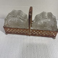 Vintage VMC Reims France Crystal Cut Glass Coaster Set in Gold Plate Caddy