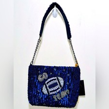 NWT MADE IN INDIA Beaded "Go Team" Football Bag Indigo and Silver