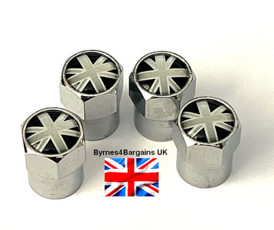 Reifen Ventil Staubkappen Chrom Union Jack schwarz/weiß Motorrad BMX UK Verkäufer