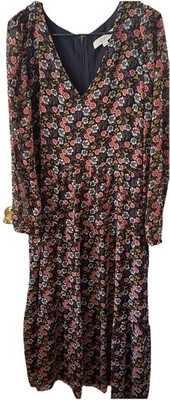 LOFT Floral Midi Dress Women s 14 Black Pink Sheer Sleeve Boho Prairie Cottage 