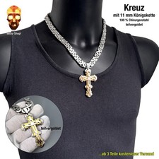 Kreuz Anhänger groß - mit 11 mm Königskette - Edelstahl silber/teilvergoldet 