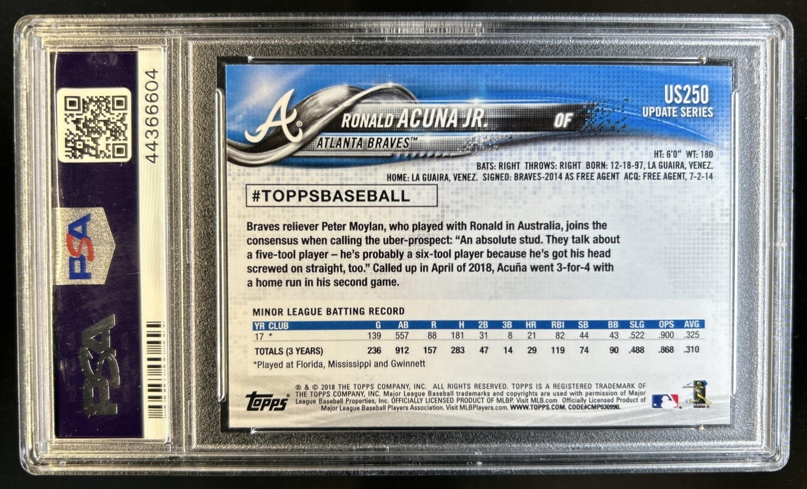 2018 Topps Update Ronald Acuna Jr. RC Rookie #US250a Braves PSA 10 GEM MINT view 2