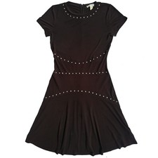 Michael Kors Day Dress Short Sleeve Round Neck Studded Zip Close Brown Sz S
