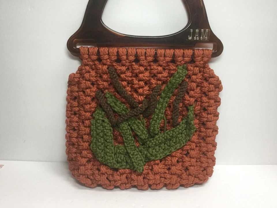 Cartera/bolso de mano vintage años 70 boho hecho a mano macramé asas naranja quemado forrado Foto 2 de 4