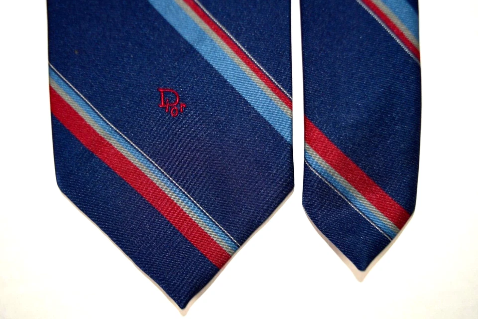 Corbata de Colección Christian Dior Años 60 70 Azul Rojo Rayas Mezcla Seda Corbata 57" x 3" Foto 3 de 4