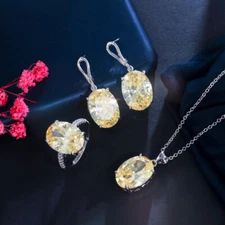 Classy Yellow CZ Women Lady Oval Cut Pendant Necklace Earrings Ring Jewelry Set