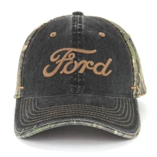 Ford Puff Embroidered Weathered Black w/ Mossy Oak Camo Baseball Hat Ball Cap