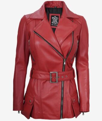 Women's New Designer Slim Fit Asymmetrical Belted Moto Biker Red Leather Jacket
