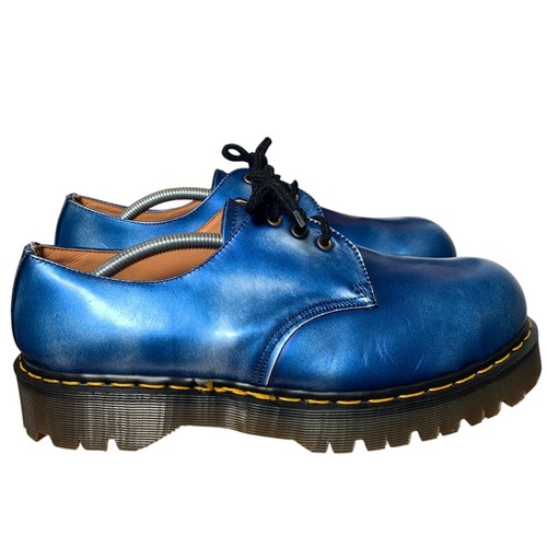 Vintage Dr Martens 1461 England UK10 Herren Metallic Blau Leder Schuhe Stahlkappe