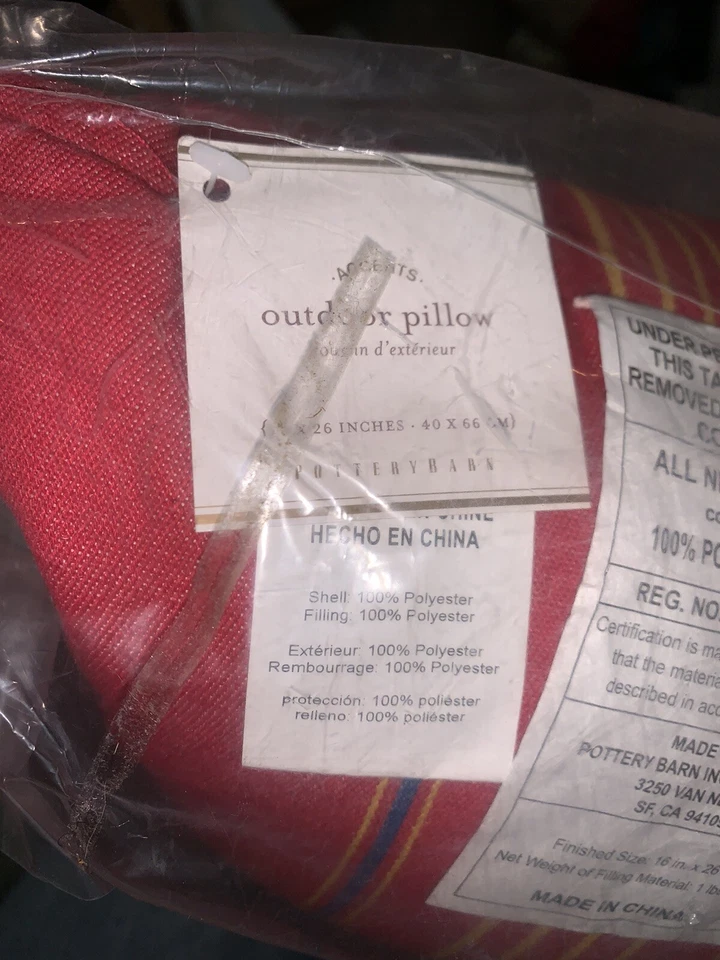 Pottery Barn Outdoor Lumbar Pillow Red Blue Yellow Stripe 16x26L Embroidered NEW - Image 3 of 4