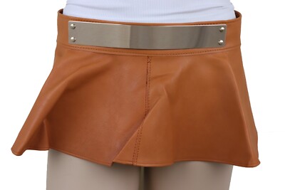 Women Beige Waistband Wrap Around Mini Skirt Tie Belt Gold Metal Plate Fit S M Women Beige Waistband Wrap Around Mini Skirt Tie Belt Gold  main image 4