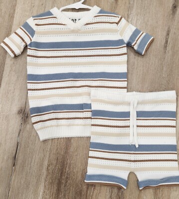 Noma Kids Size 5 Powder/Cinnamon Stripe Textured Pointelle Knit Sweater + Shorts