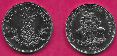 BAHAMAS 5 CENTS 2005 UNC PINEAPPLE(ANANAS COMOSUS)ABOVE GARLAND AND THE DENOMINA