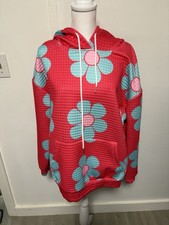 Big Flower Hoodie Waffle Knit Pink Blue Large Flower Pattern Kangaroo Pocket L