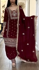 Stunning Maroon Natural Crep Silk Top Bottom With Dupatta For Party Wear