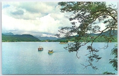Sun Moon Lake Taiwan Scenic Boats Mountains Vintage Color Photo Postcard