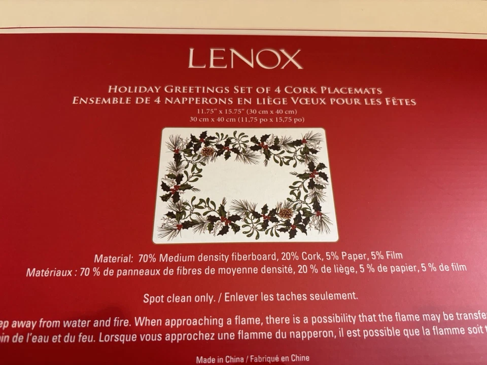 4 LENOX *Holiday Greeting* Holly & Berries Hard/Cork Placemats (New In Box!) - Image 3 of 3