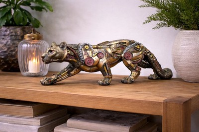 Großer Steampunk Gepard Ornament Metall Optik Statue Jaguar Leopard Figur