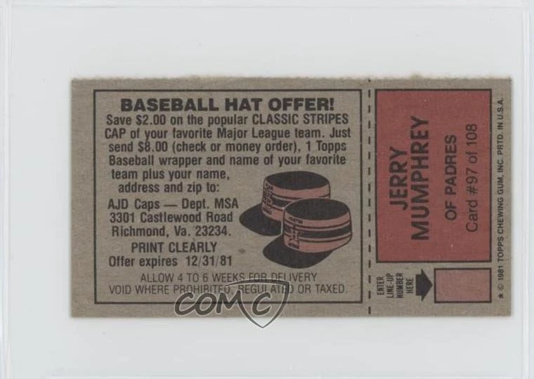1981 Topps Baseball Scratch-Off Separated Jerry Mumphrey (Baseball Hat Offer) - Image 2 of 2
