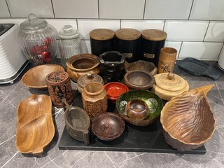 Collection of wood treen carved wooden bowls Asian Thailand Finland job lot