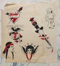 original antique 1900s w.n stone duncannon PA dagger USN usmc tattoo flash 8.5x9