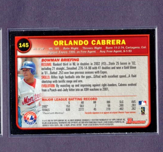 2003 BOWMAN METALLIC GOLD VETERAN PROTOTYPE #145 ORLANDO CABRERA EXPOS RARE 1/1 - Image 2 of 2