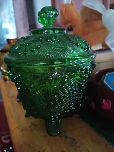 Vintage Jeanette Blue & Green Grape Leaf Footed Candy Dish With Lid