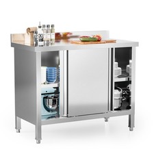 Multi-Purpose Stainless Steel Table with Backsplash  Cabinet  Sliding Doors