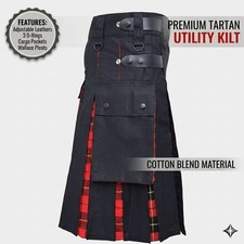 Men s Plus Size Utility Kilt Black Cotton Tartan Hybrid- Wallace Style