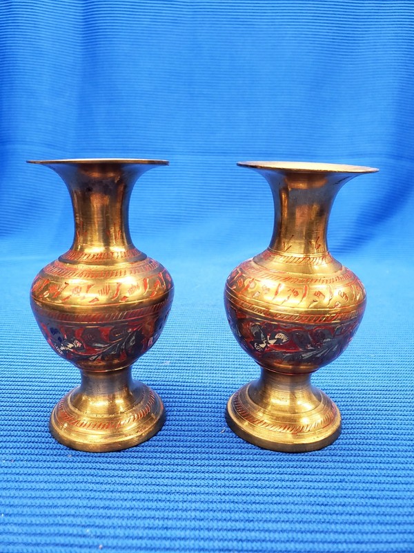 Vintage Solid Brass Pair of 4" Bud Vases Etched & Painted - Made in India