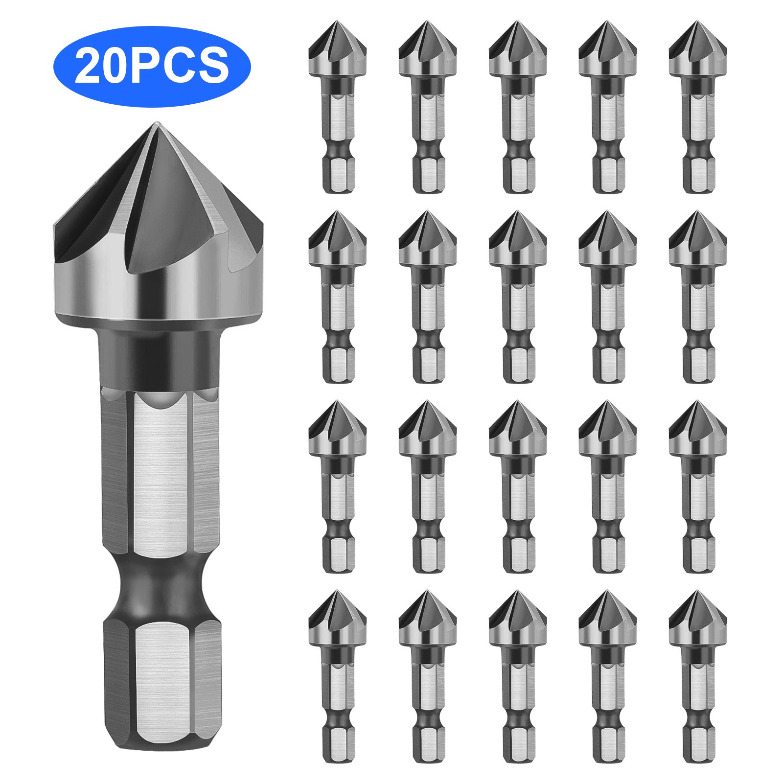 20PCS 6-Flute Countersink Drill Bit 1/4