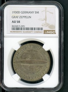 GERMANY WEIMAR 5 MARK 1930D ZEPPELIN SILVER COIN SLABBED NGC AU 58 36