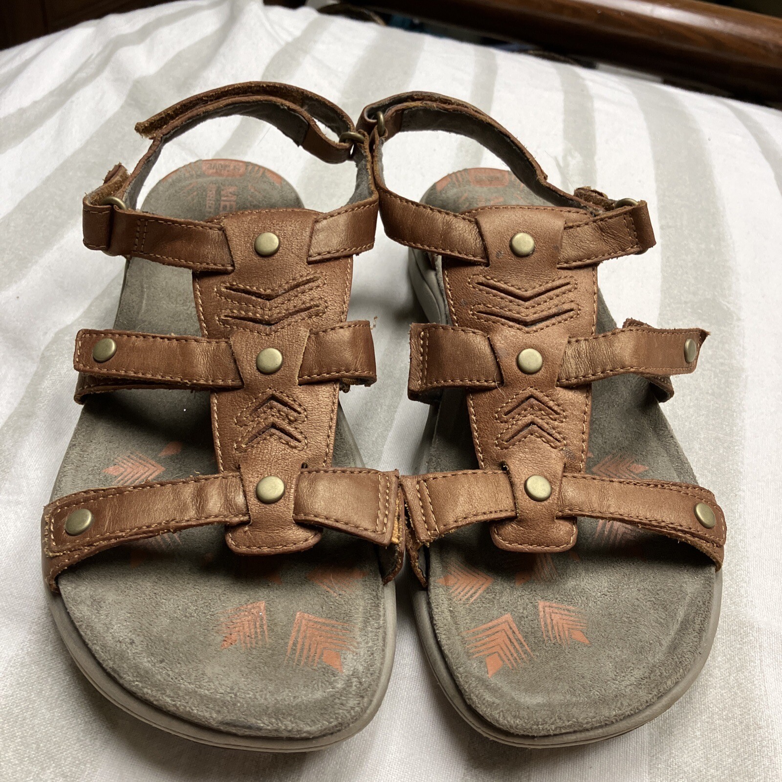 Sandali Merrell donna taglia 7 pelle marrone trail escursionismo passeggio cinturino gancio e Lp