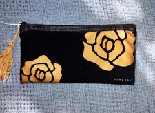 Mary Kay Vintage Black Velvet Make Up Bag Zipper W Gold Rose/Tassle