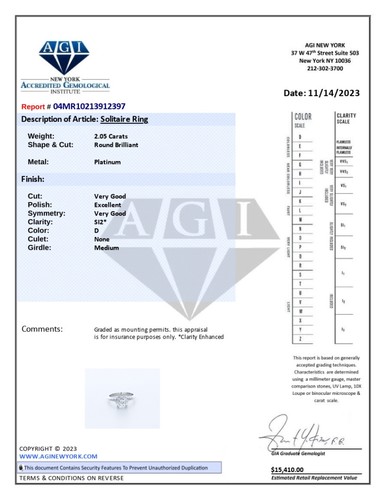 ANILLO SOLITARIO CLÁSICO DE CUATRO PUNTAS PLATINO CORTE REDONDO D/SI2 DIAMANTE NATURAL 2,0 QUILATES - Imagen 5 de 7