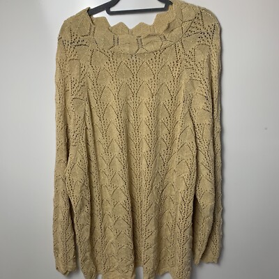 JR Rappers Womans Open Knit Scallop Neckline Pullover Sweater Plus Size 3X Gold