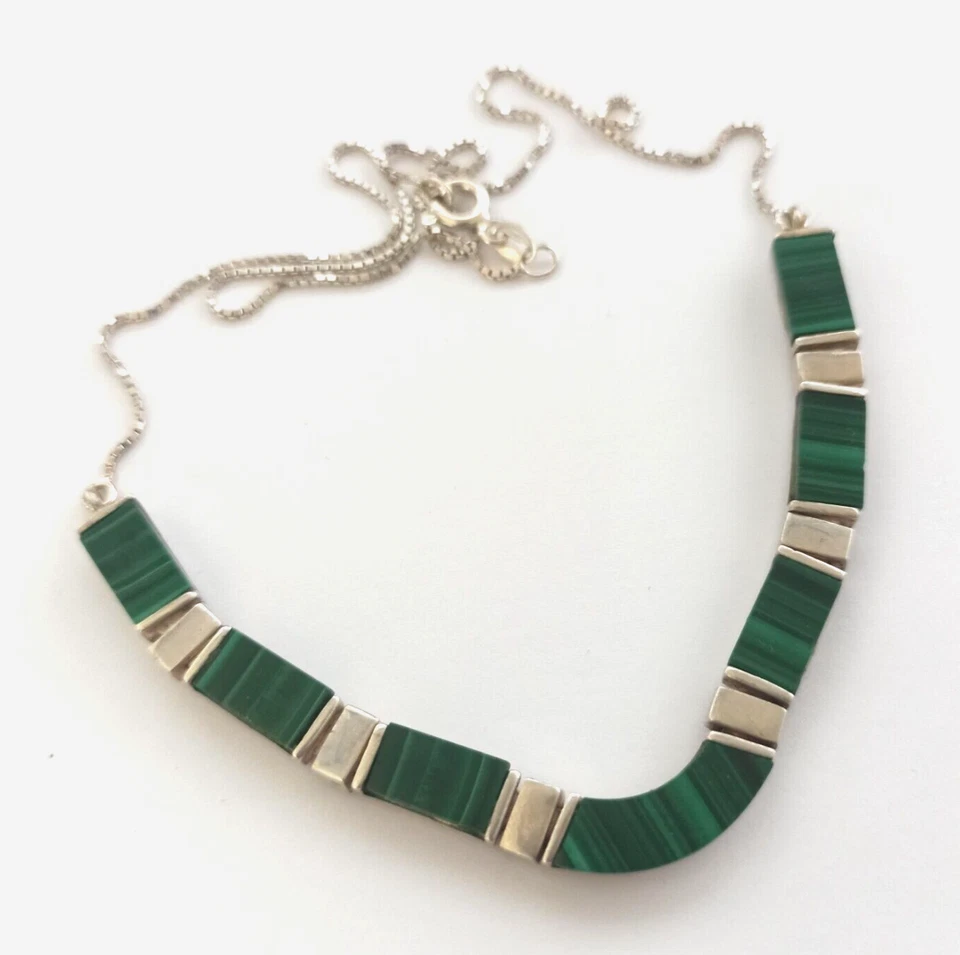 Collar Piedra Verde Vintage Malaquita Natural Modernista Años 70 Geométrico Barra Eslabón Foto 2 de 4