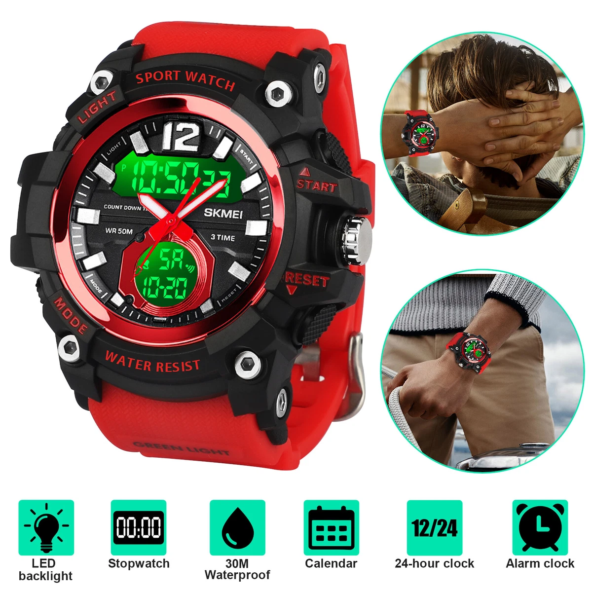 Skmei Men's Digital Sports Watch, Military Waterproof Watches LED Screen Large Face Stopwatch Alarm Wristwatch