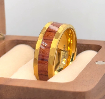 Yellow Gold Tungsten Wedding Band   Hammered Style with Hawaiian Koa Wood Inlay