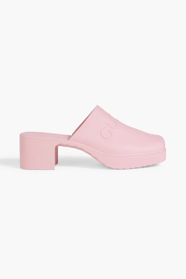 Gucci Women Rubber Mules Pink Logo Embossed Slip Sandals Block Heel Clogs 38 8 - Image 2 of 4