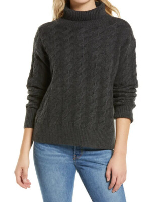 NWT NORDSTROM Womens Cable Turtleneck Sweater Size L Grey Dark Charcoal  Heather