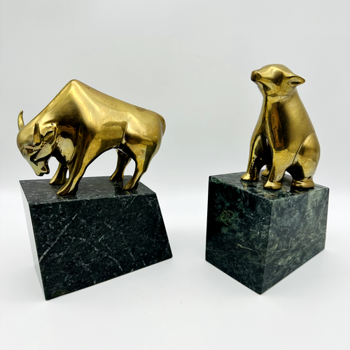 Vintage Bookends Solid Brass Green Marble Bull Bear Banking Finance
